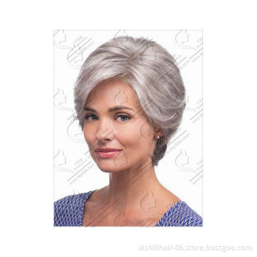 wholesale heat resistant silver-gray short natural straight hair synthetic hair wig for Older women